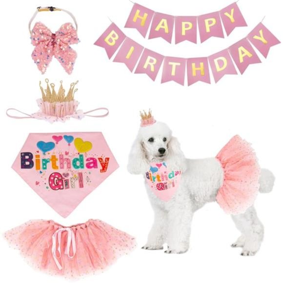 Dog Birthday Hat Bandana Girl - Puppy Party Supplies Pink Tutu Scarf Bow Banner - Picture 1 of 7
